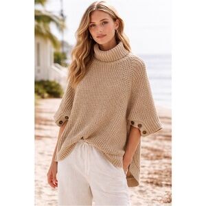 J. Crew Chunky Knit Turtleneck Oversized Poncho Pullover Sweater Tan XS/S